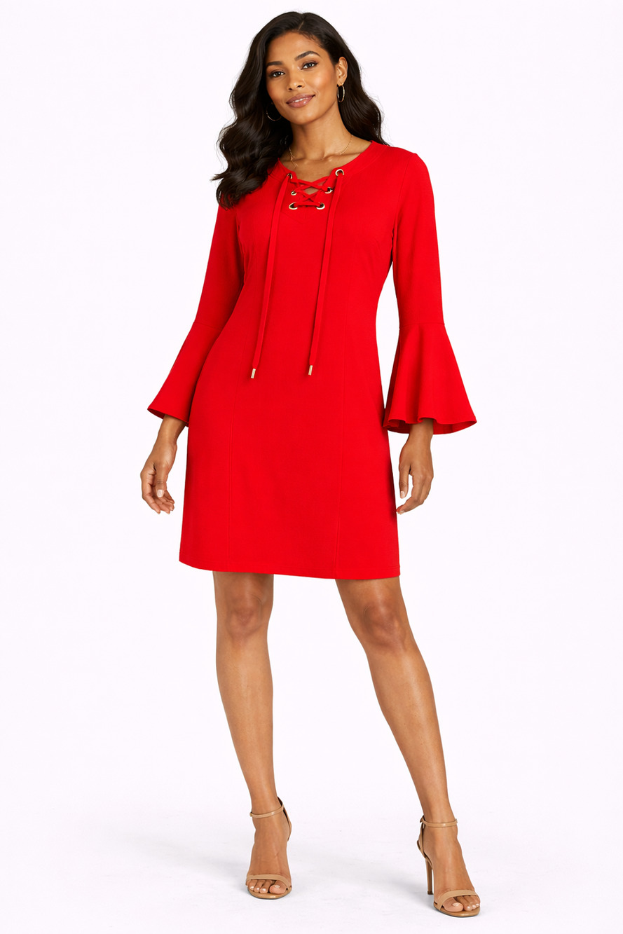Trina Turk Bell Sleeve Shift Mini Dress Grommet Lace Up Neck Size 12 Red